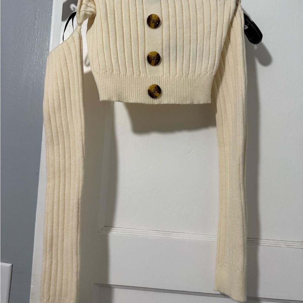 Forever 21 Cream Ribbed Knit Cropped Cardigan